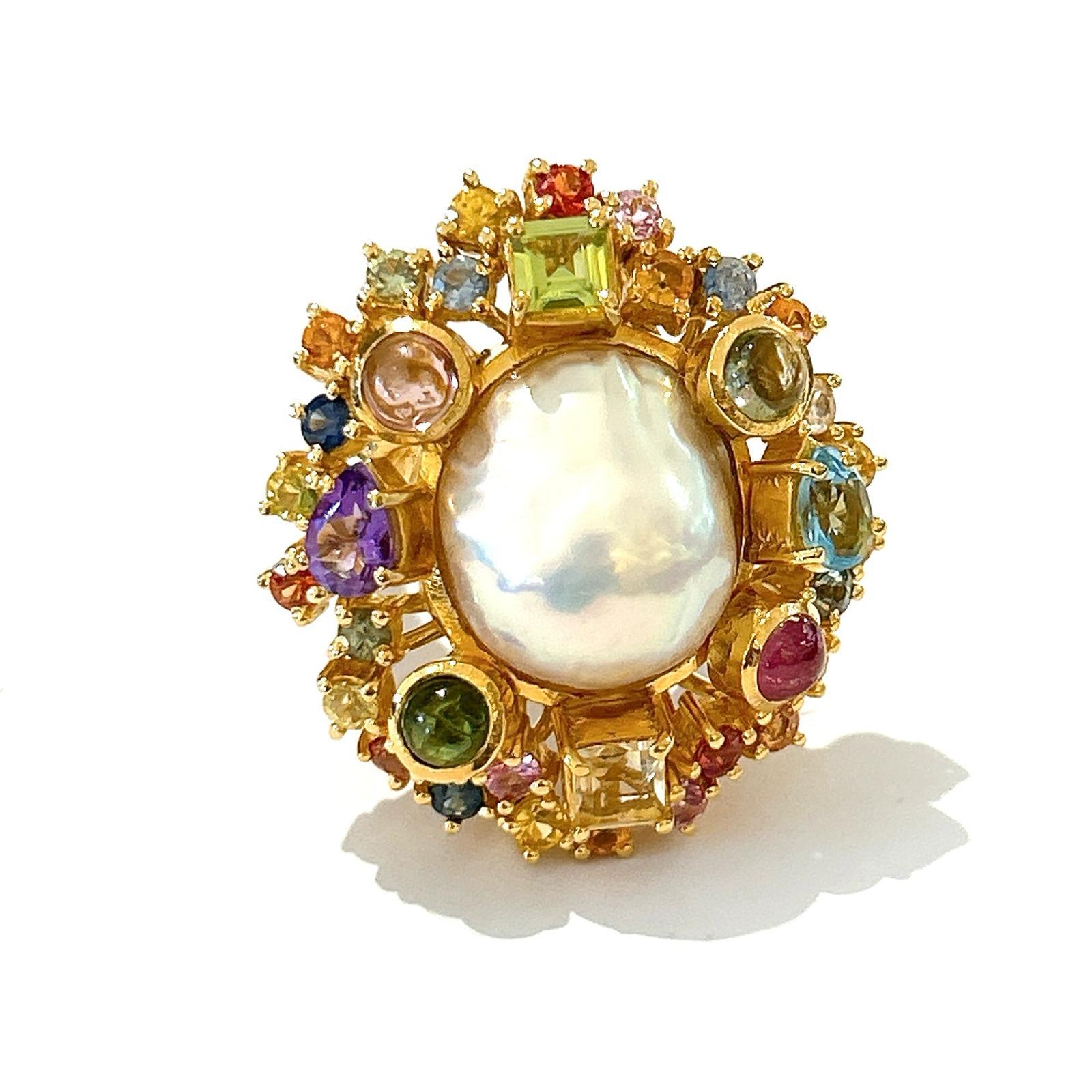 Brilliant Cut Bochic “Orient” Pearl & Multi Sapphire Vintage Cluster Ring Set 18K & Silver  For Sale