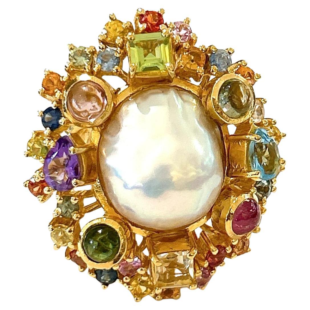 Bochic “Orient” Pearl & Multi Sapphire Vintage Cluster Ring Set 18K & Silver  For Sale