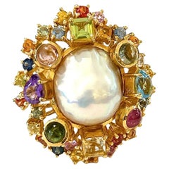 Bochic Orient Pearl & Multi Sapphire Vintage Cluster Ring Set 18K & Silver 