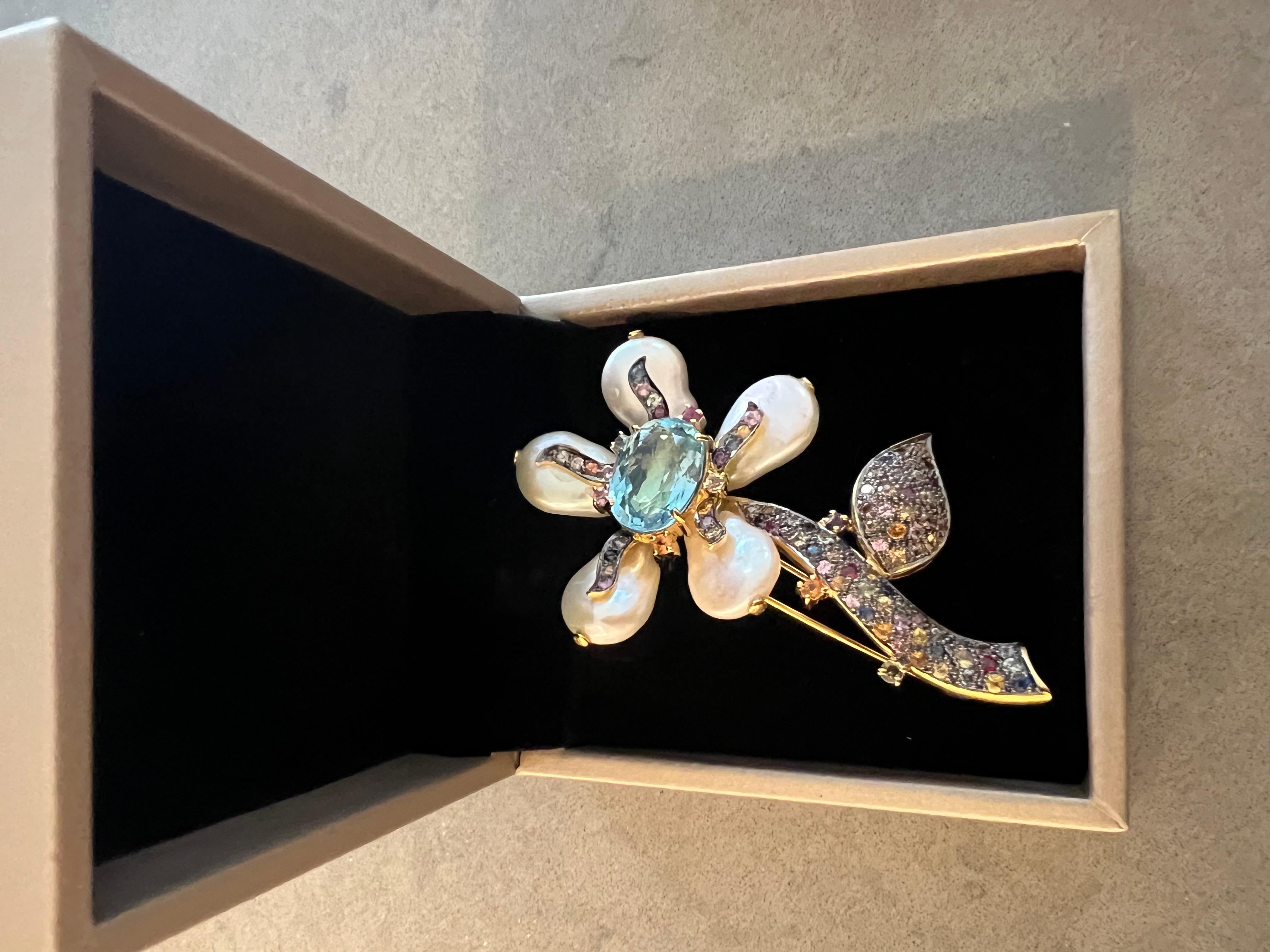 Bochic “Orient” Pearl, Multi Sapphires & Topaz Brooch Set In 18K Gold & Silver For Sale 6