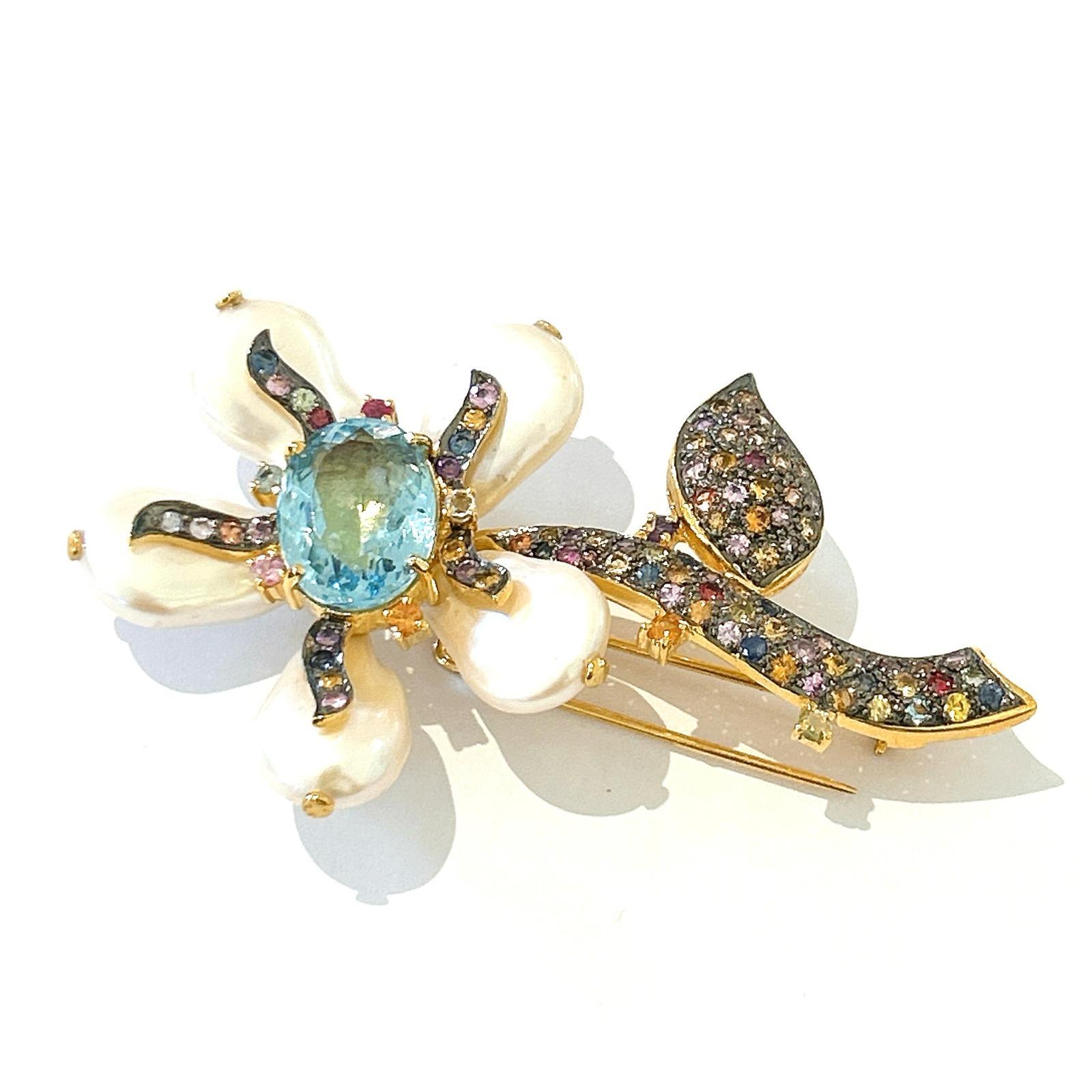 Baroque Bochic “Orient” Pearl, Multi Sapphires & Topaz Brooch Set In 18K Gold & Silver For Sale