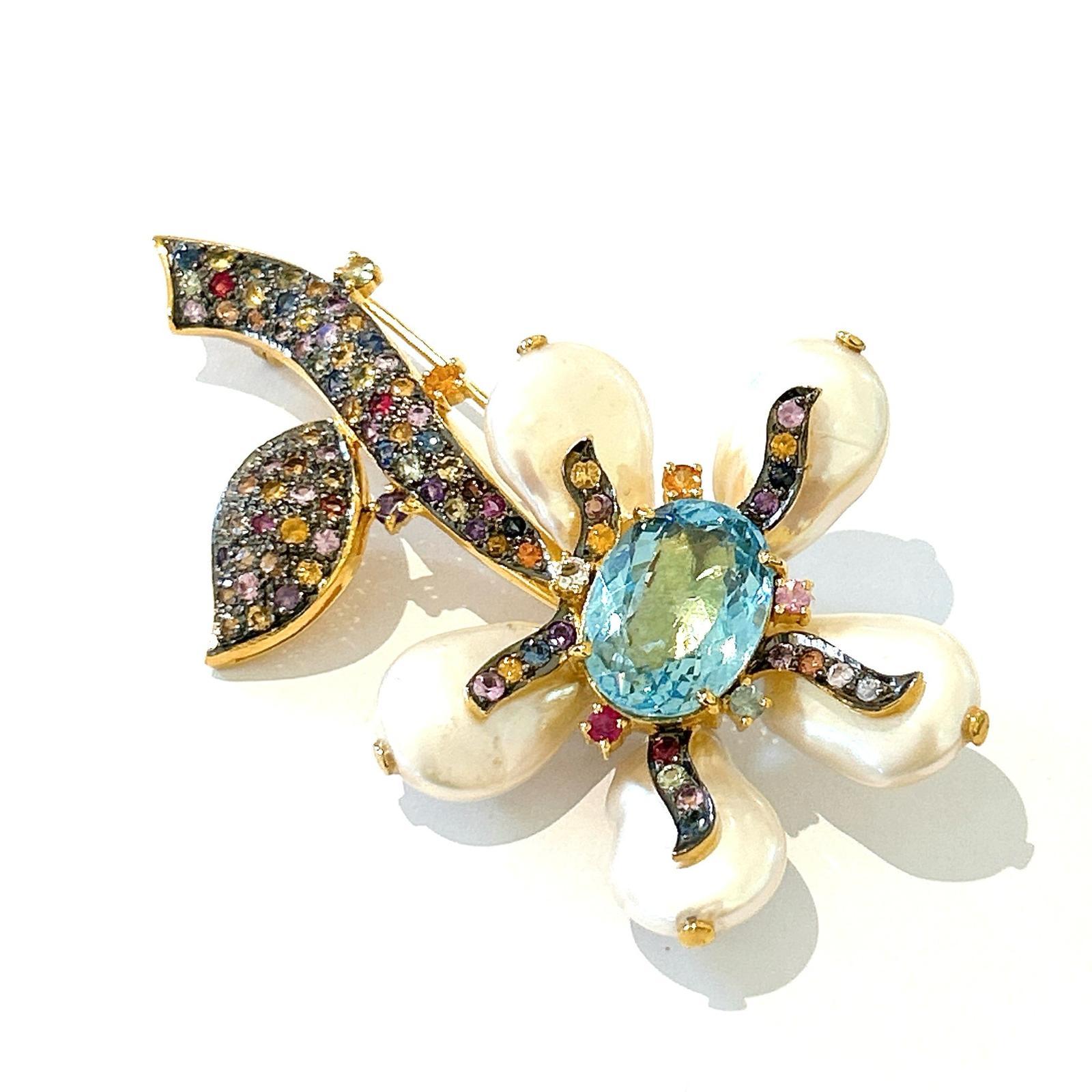 Bochic “Orient” Pearl, Multi Sapphires & Topaz Brooch Set In 18K Gold & Silver In New Condition For Sale In New York, NY