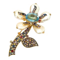 Bochic “Orient” Pearl, Multi Sapphires & Topaz Brooch Set In 18K Gold & Silver