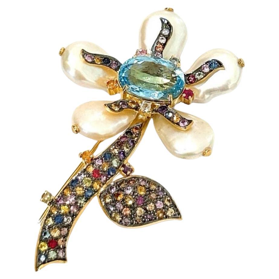 Bochic “Orient” Pearl, Multi Sapphires & Topaz Brooch Set In 18K Gold & Silver 