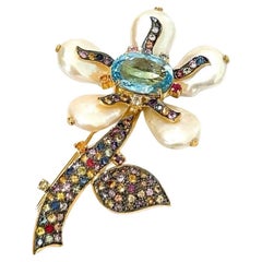Bochic “Orient” Pearl, Multi Sapphires & Topaz Brooch Set In 18K Gold & Silver 