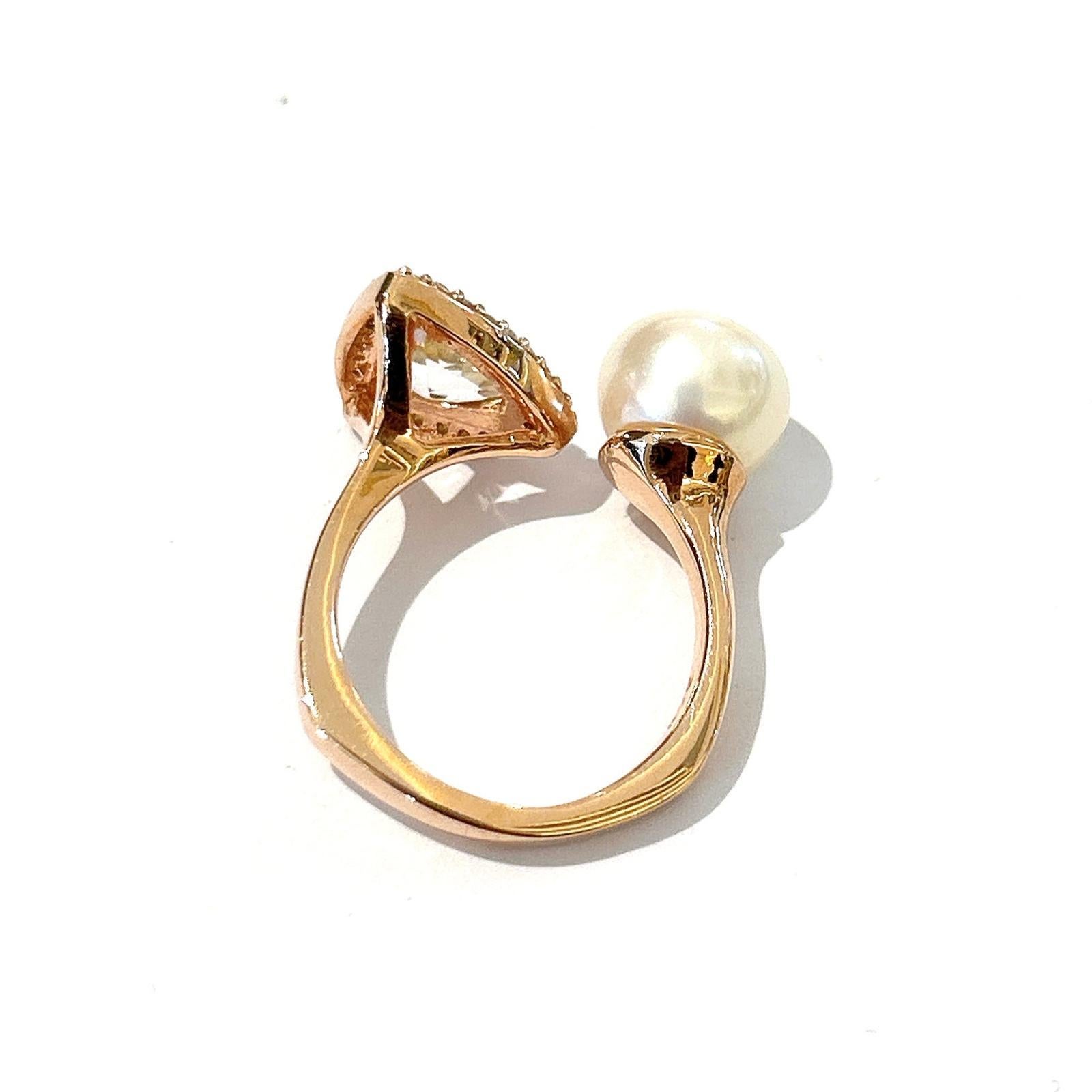 Trillion Cut Bochic “Orient” Pearl & Natural Trillion White Topaz Ring 18K Gold & Silver For Sale