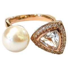 Bochic "Orient" Perle & natürlicher Billionen Weiß Topas Ring 18K Gold & Silber