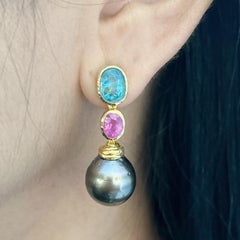 Bochic “Orient” Pearl, Red Ruby & Blue Apatite Earrings Set 18K Gold & Silver