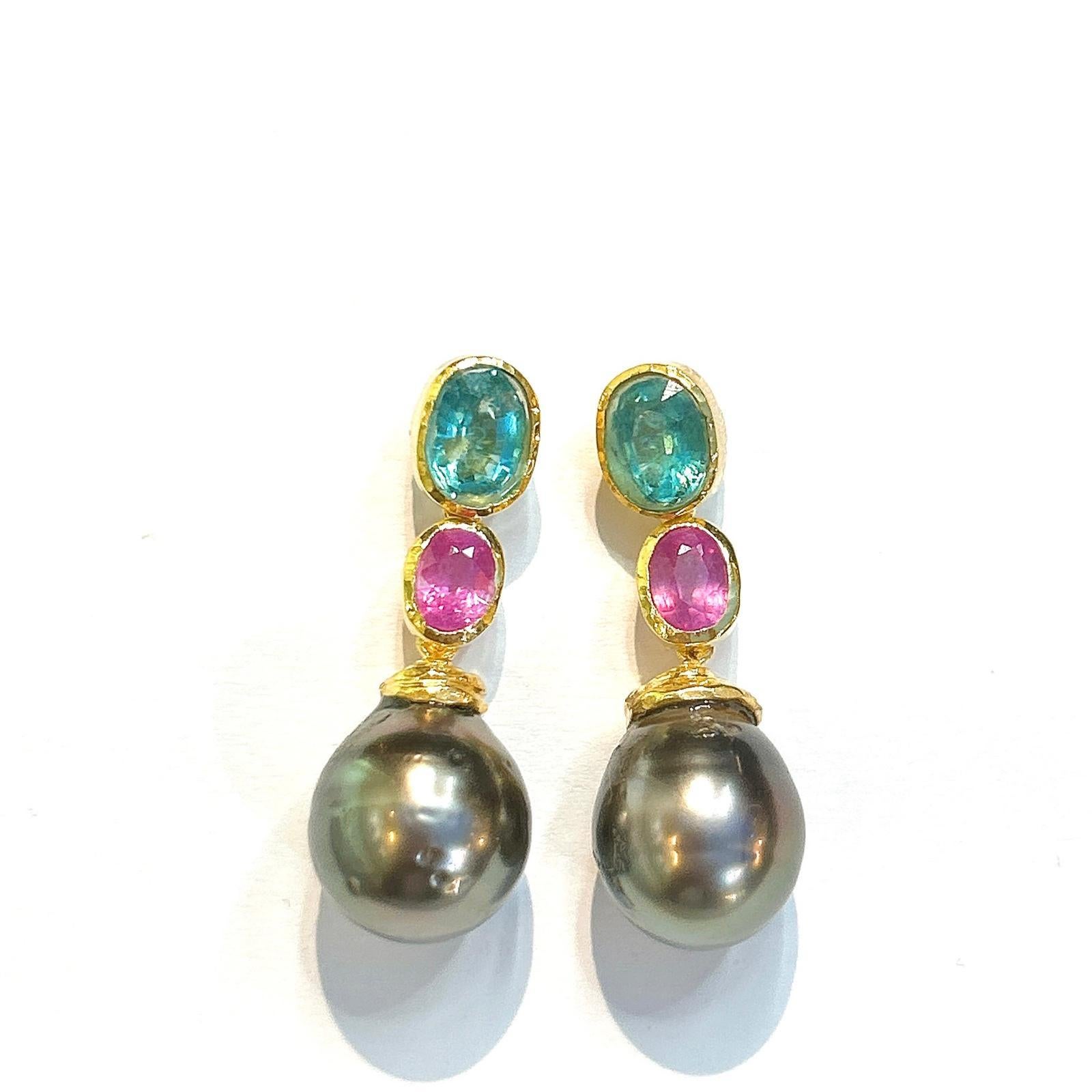 Bochic “Orient” Pearl, Red Ruby & Blue Apatite Earrings Set 18K Gold & Silver For Sale 2