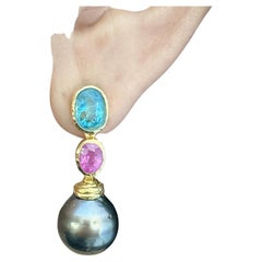 Bochic “Orient” Pearl, Red Ruby & Blue Apatite Earrings Set 18K Gold & Silver