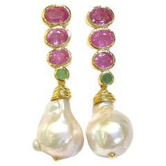 Bochic “Orient” Pearl, Red Ruby & Green Emerald Earrings Set 18K Gold&Silver