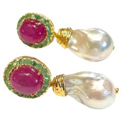 Bochic “Orient” Pearl, Ruby 
Emerald Drop Earrings Set 18K Gold 
Silver