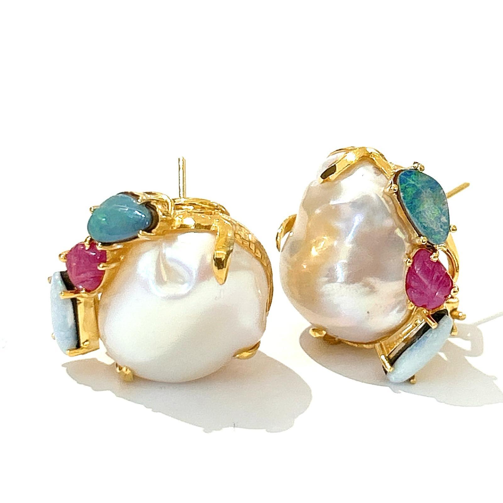 Bochic “Orient” Opal, Ruby & Multi Gem Earrings Set 18K Gold&Silver 

Natural Rubies - 4 carat  
Natural Blue Opal- 2.50 carat 
South Sea white Pearl with Pink Tone

The earrings from the 