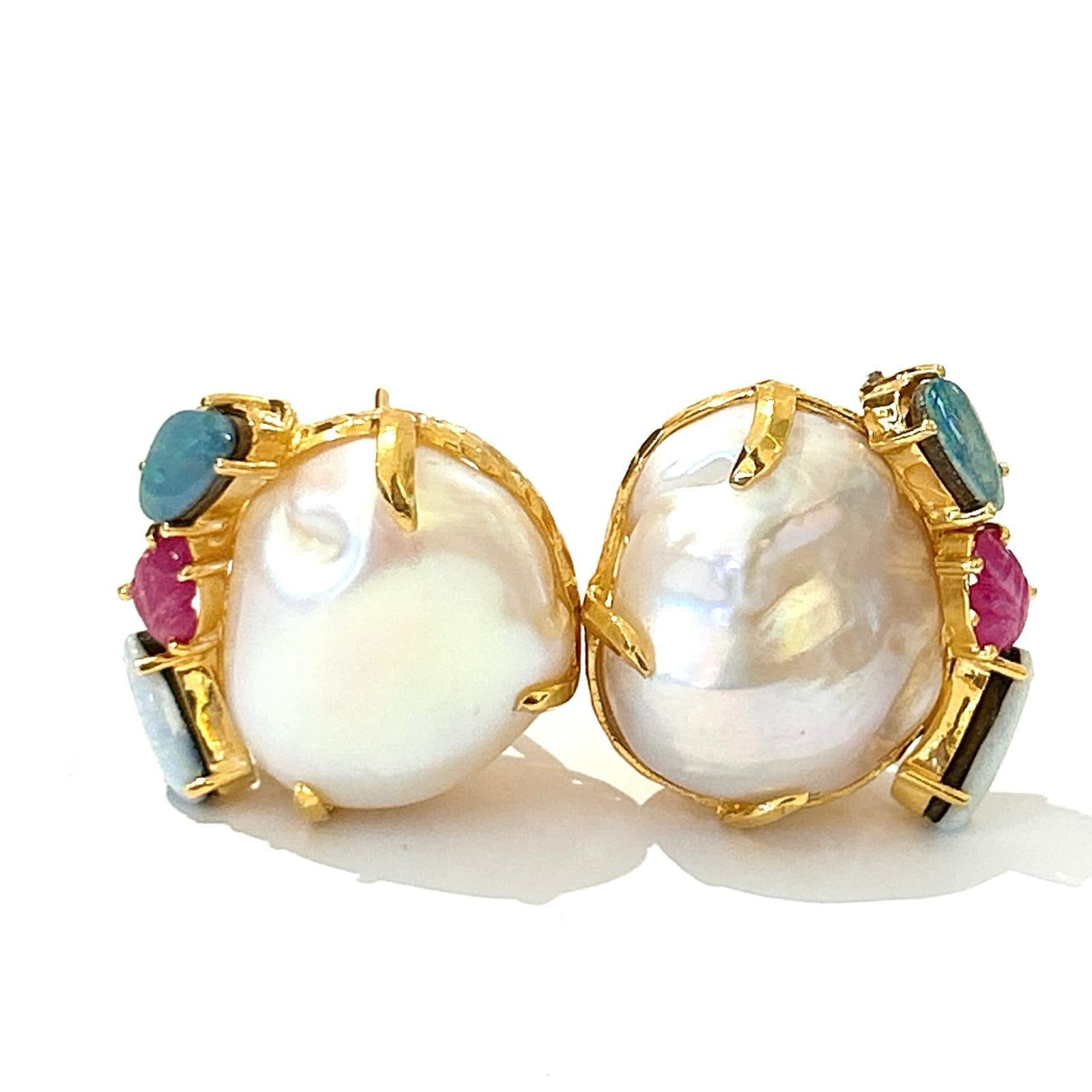 Baroque Bochic “Orient” Pearl, Ruby, & Multi Opal Earrings Set 18K Gold&Silver  For Sale