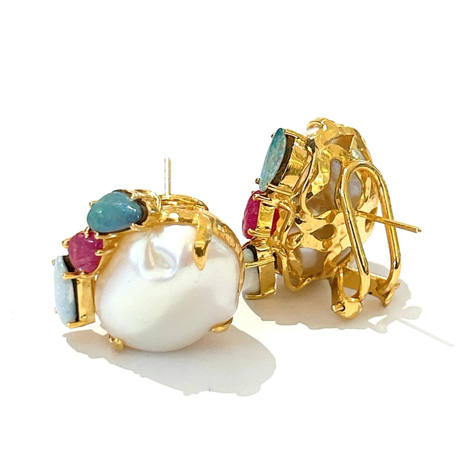 Cabochon Bochic “Orient” Pearl, Ruby, & Multi Opal Earrings Set 18K Gold&Silver  For Sale