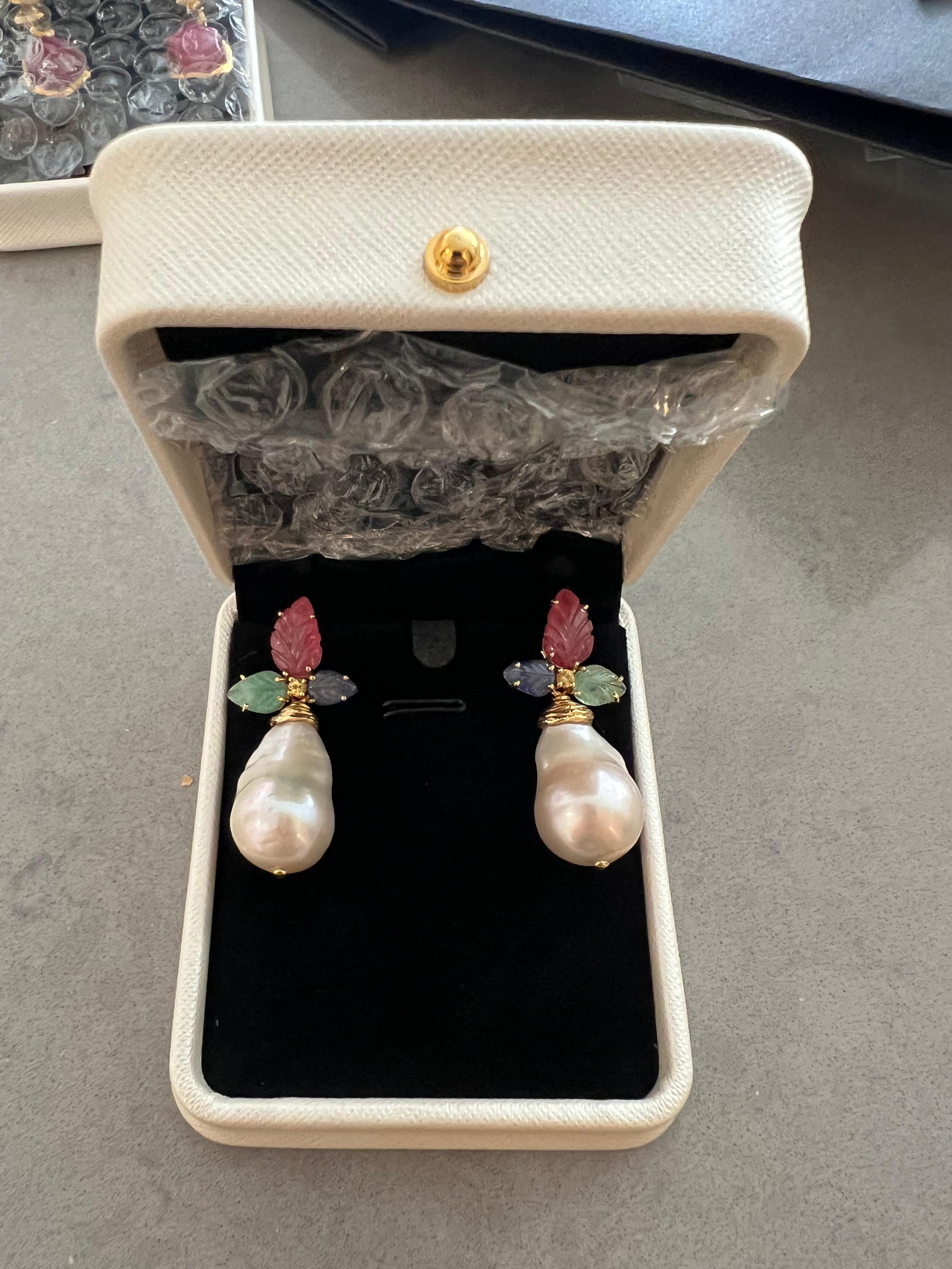 Bochic “Orient” Pearl, Ruby, & Multi Opal Earrings Set 18K Gold&Silver  In New Condition For Sale In New York, NY