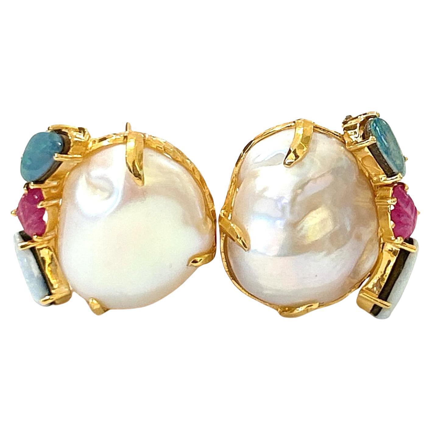 Bochic “Orient” Pearl, Ruby, & Multi Opal Earrings Set 18K Gold&Silver  For Sale
