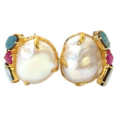 Used Bochic “Orient” Pearl, Ruby, & Multi Opal Earrings Set 18K Gold&Silver 