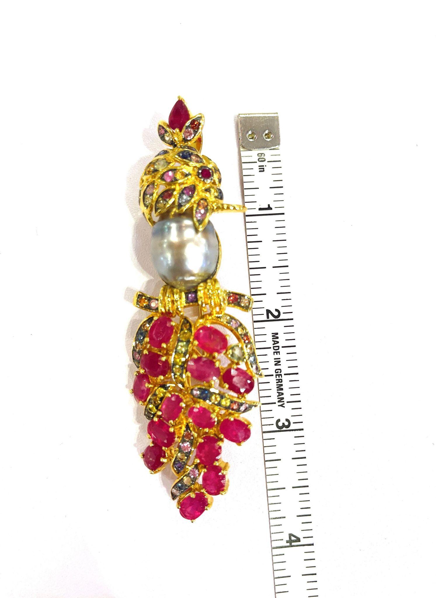 Bochic “Orient” Pearl, Ruby & Sapphire Iconic Brooch Set in 18k Gold & Silver For Sale 3