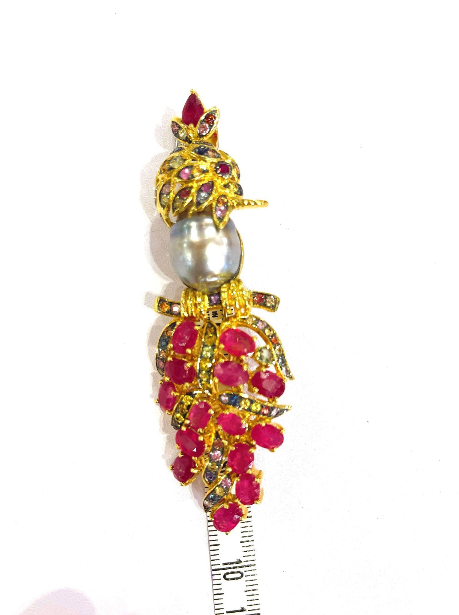 Bochic “Orient” Pearl, Ruby & Sapphire Iconic Brooch Set in 18k Gold & Silver For Sale 4