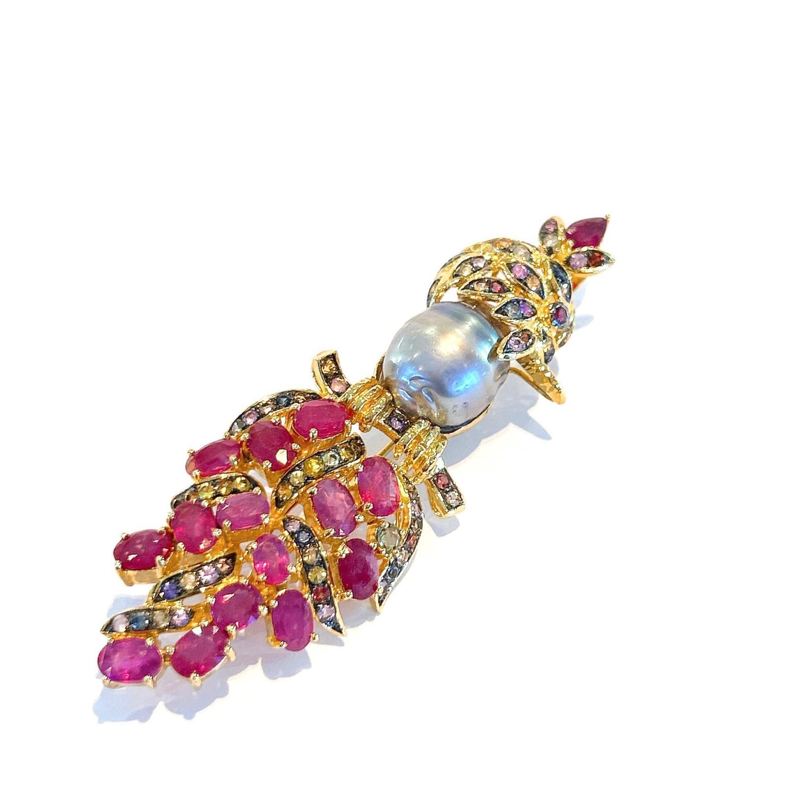 Bochic “Orient” Pearl, Ruby & Sapphire Iconic Brooch Set in 18k Gold & Silver For Sale 2