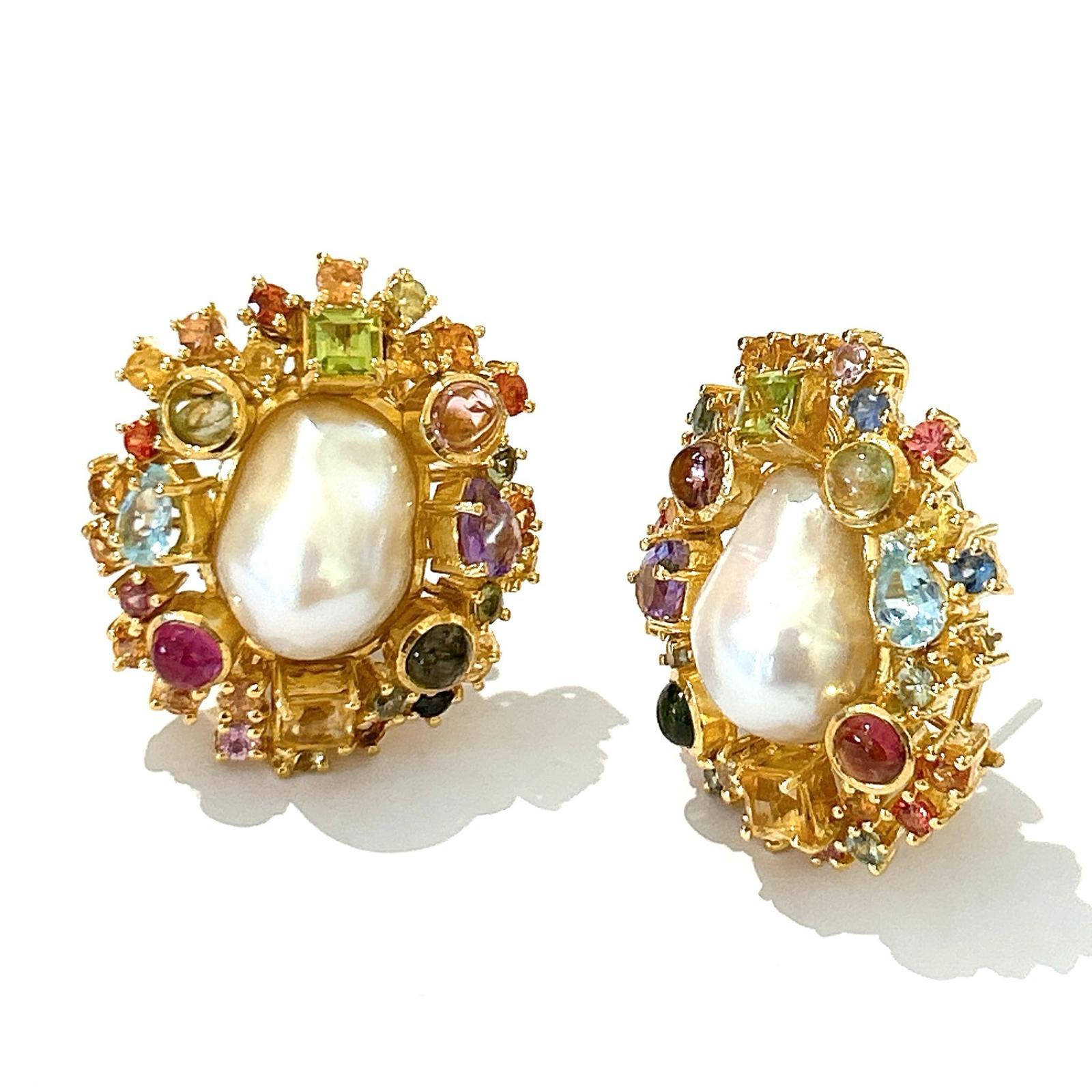 Baroque Bochic “Orient” Pearl, Ruby, Sapphire & Multi Gem Earrings Set 18K Gold&Silver  For Sale