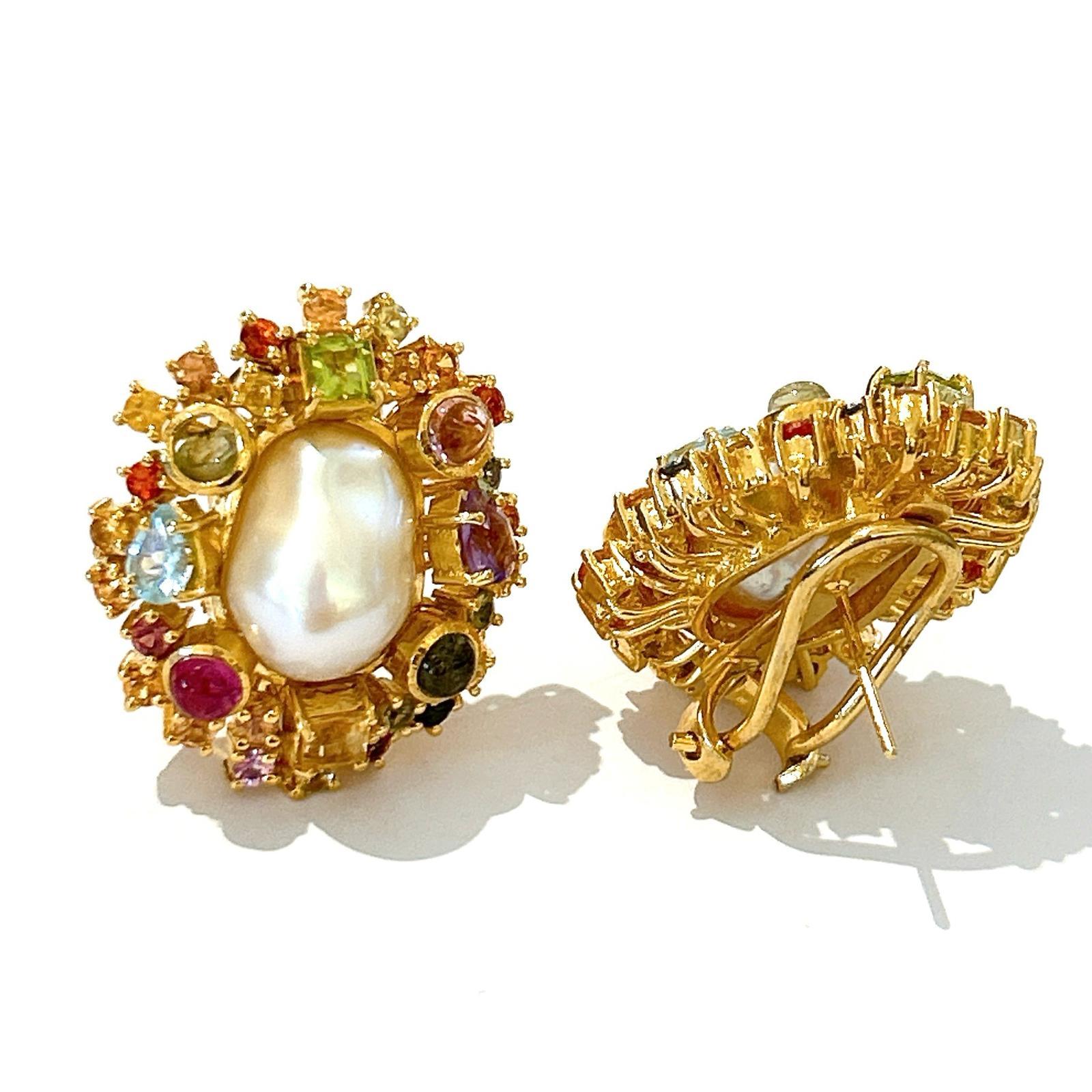 Brilliant Cut Bochic “Orient” Pearl, Ruby, Sapphire & Multi Gem Earrings Set 18K Gold&Silver  For Sale