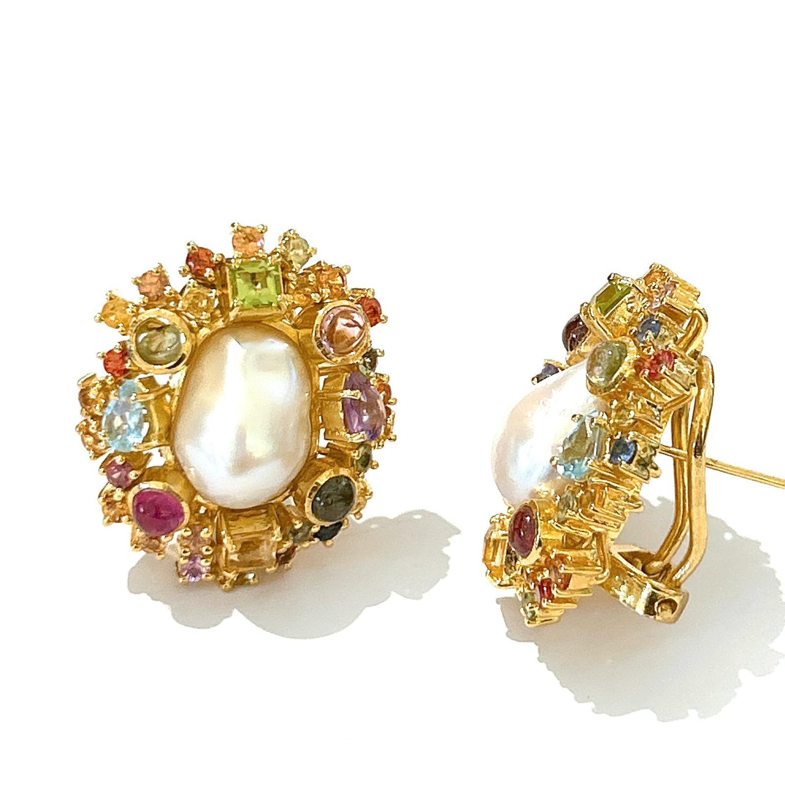 Bochic “Orient” Pearl, Ruby, Sapphire & Multi Gem Earrings Set 18K Gold&Silver  In New Condition For Sale In New York, NY