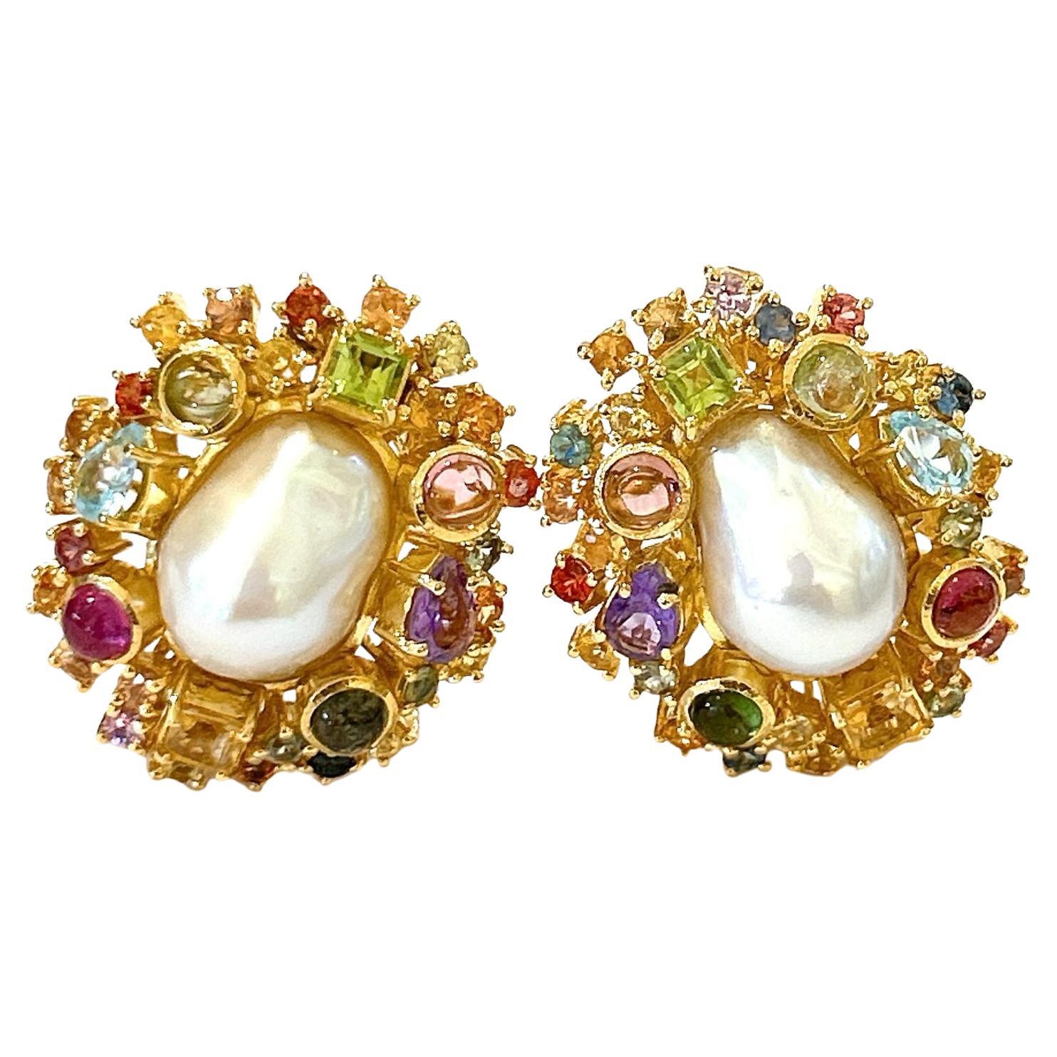 Bochic “Orient” Pearl, Ruby, Sapphire & Multi Gem Earrings Set 18K Gold&Silver 