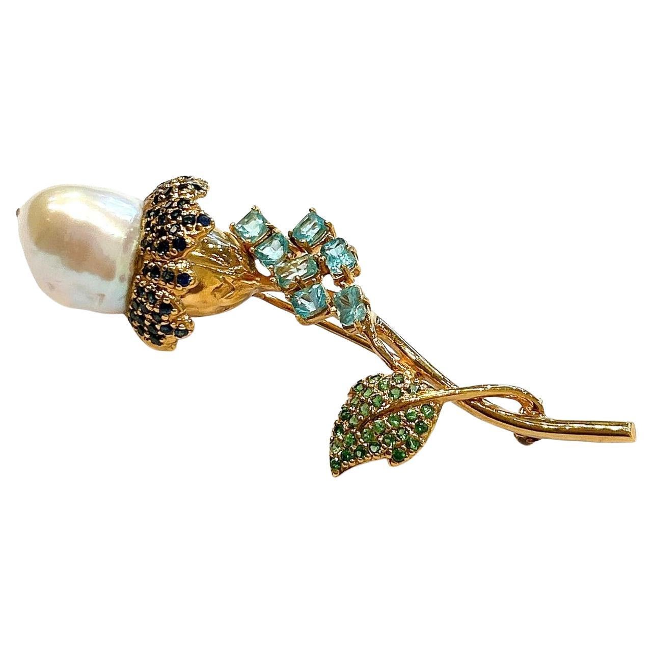 Bochic “Orient” Pearl, Sapphire & Emerald Brooch Set In 18K Gold & Silver