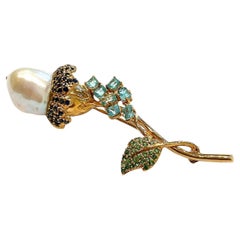 Bochic “Orient” Pearl, Sapphire & Emerald Brooch Set In 18K Gold & Silver