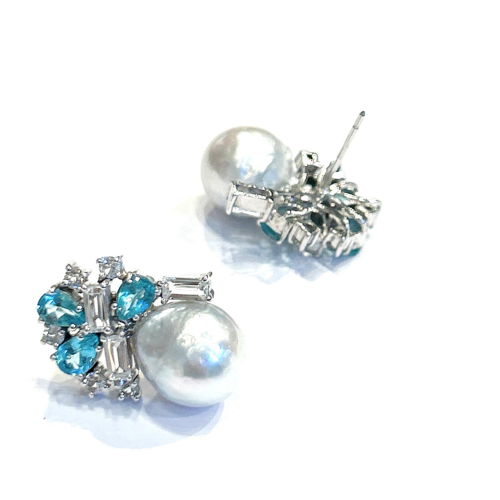 Bochic “Orient” Pearls, Topaz & Blue Appetite Earrings Set 18K Gold & Silver In New Condition For Sale In New York, NY