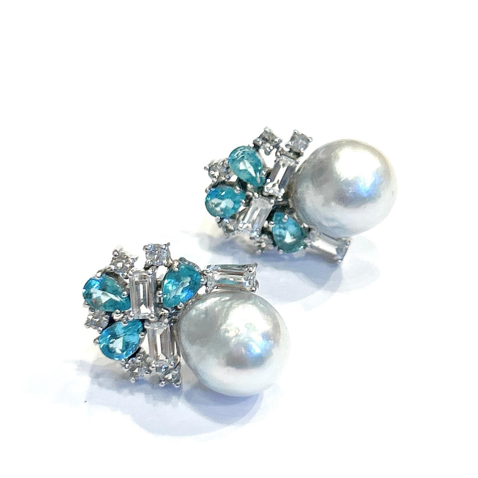 Women's or Men's Bochic “Orient” Pearls, Topaz & Blue Appetite Earrings Set 18K Gold & Silver For Sale