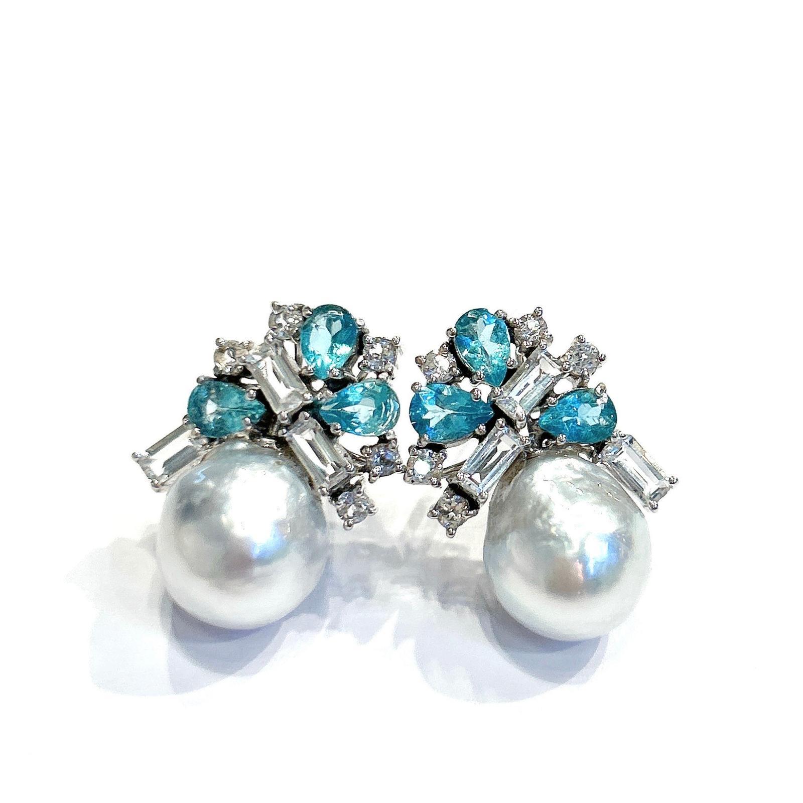 Bochic “Orient” Pearls, Topaz & Blue Appetite Earrings Set 18K Gold & Silver For Sale 1