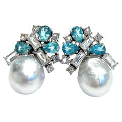 Ensemble boucles d'oreilles Bochic Orient en or et argent 18 carats, perles, topaze et appliques bleues