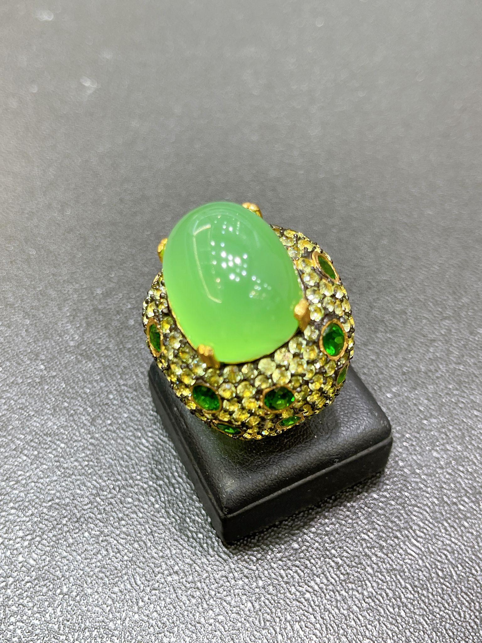Art Deco Bochic “Orient” Peridot, Penite & Multi Gems Cocktail Ring 18K Gold & Silver For Sale
