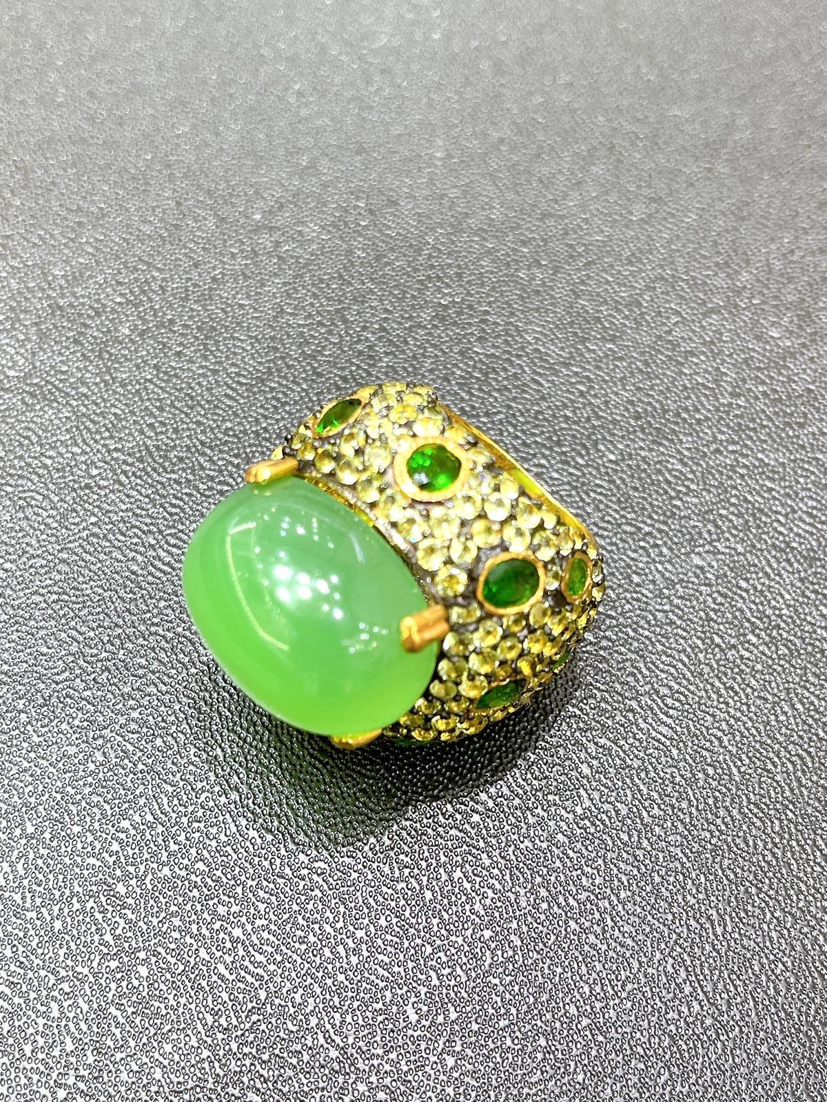 Cabochon Bochic “Orient” Peridot, Penite & Multi Gems Cocktail Ring 18K Gold & Silver For Sale