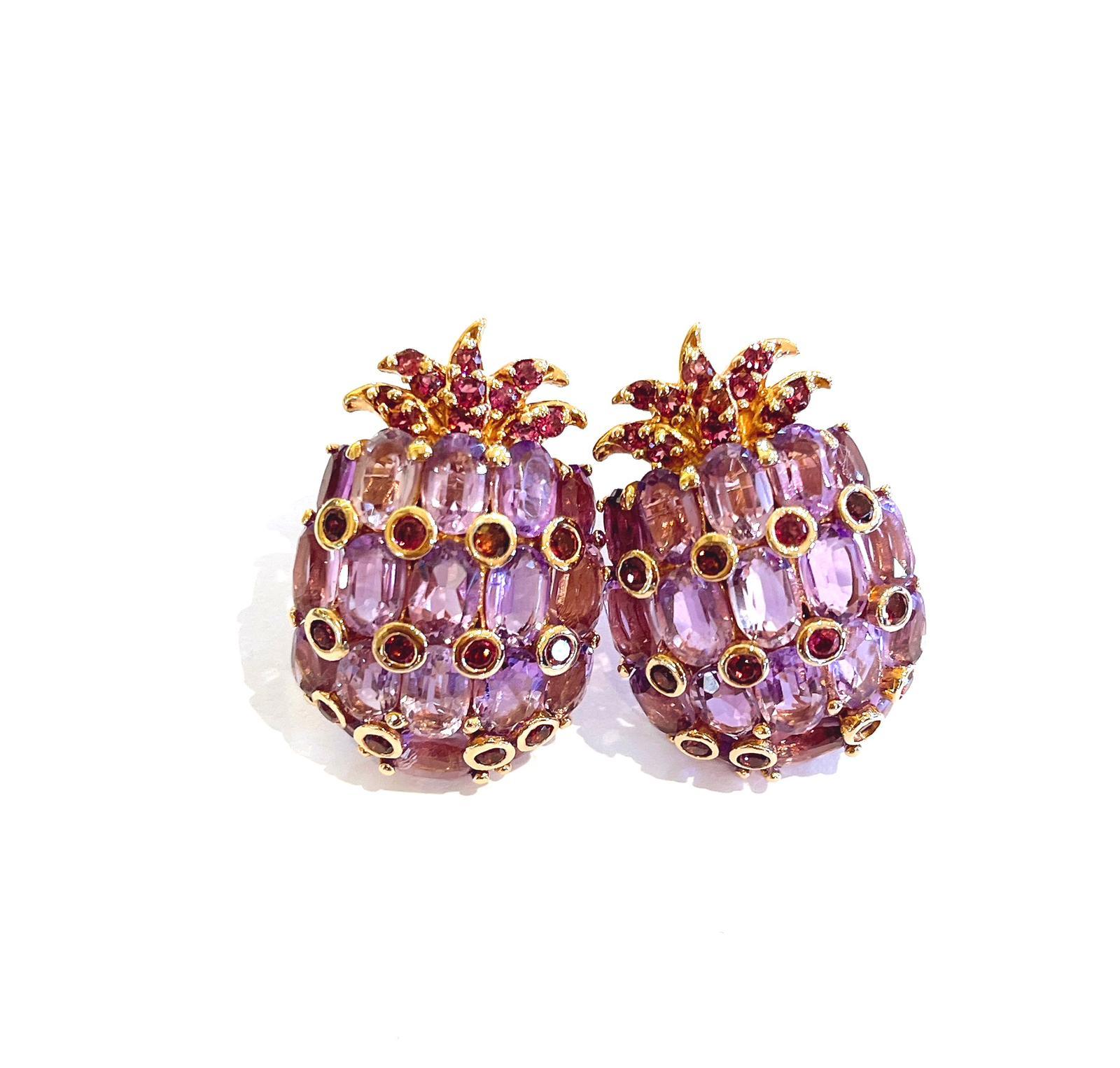 Belle Époque Bochic “Orient” Pineapple Amethyst & Garnet Earrings Set In 18 K Gold & Silver  For Sale