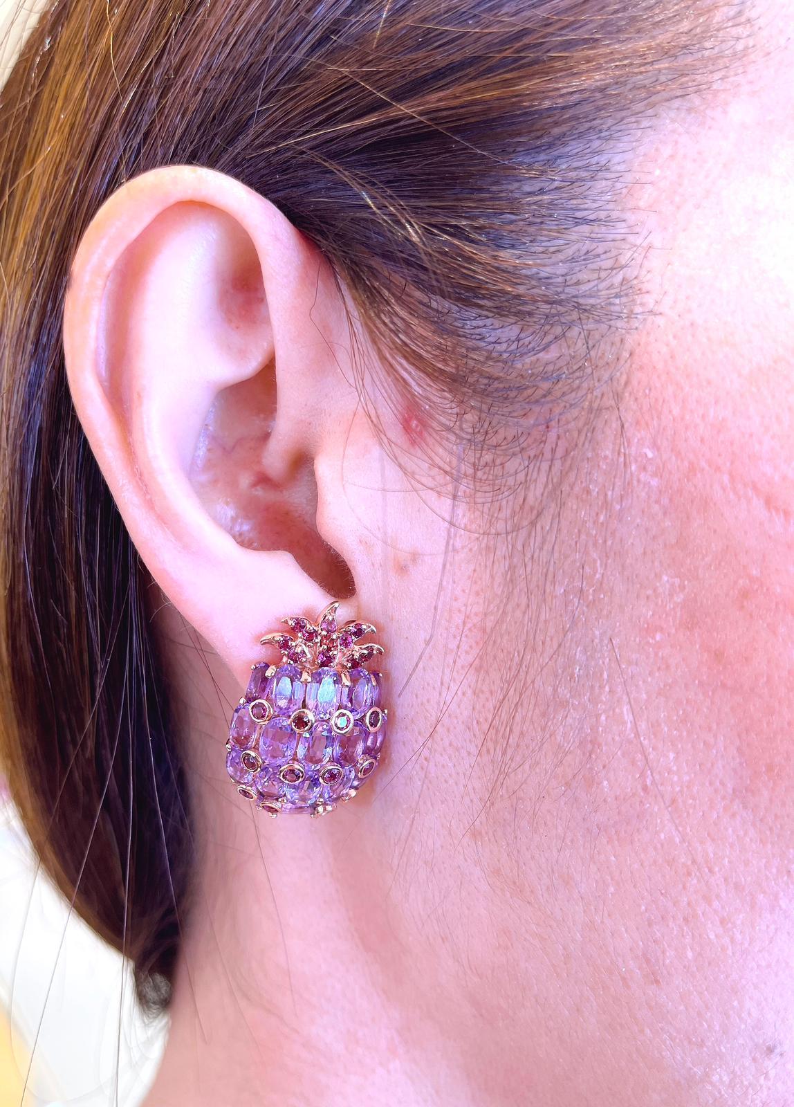 Bochic “Orient” Pineapple Amethyst & Garnet Earrings Set In 18 K Gold & Silver  In New Condition For Sale In New York, NY