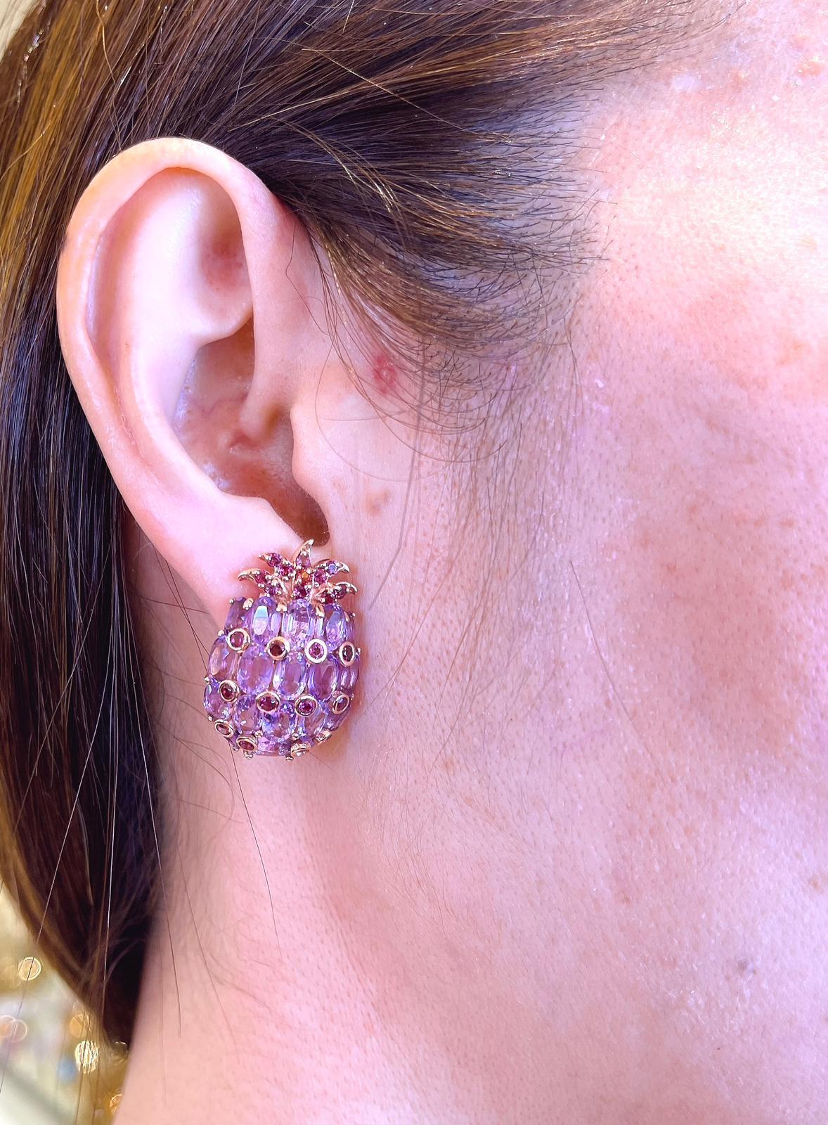 Women's Bochic “Orient” Pineapple Amethyst & Garnet Earrings Set In 18 K Gold & Silver  For Sale