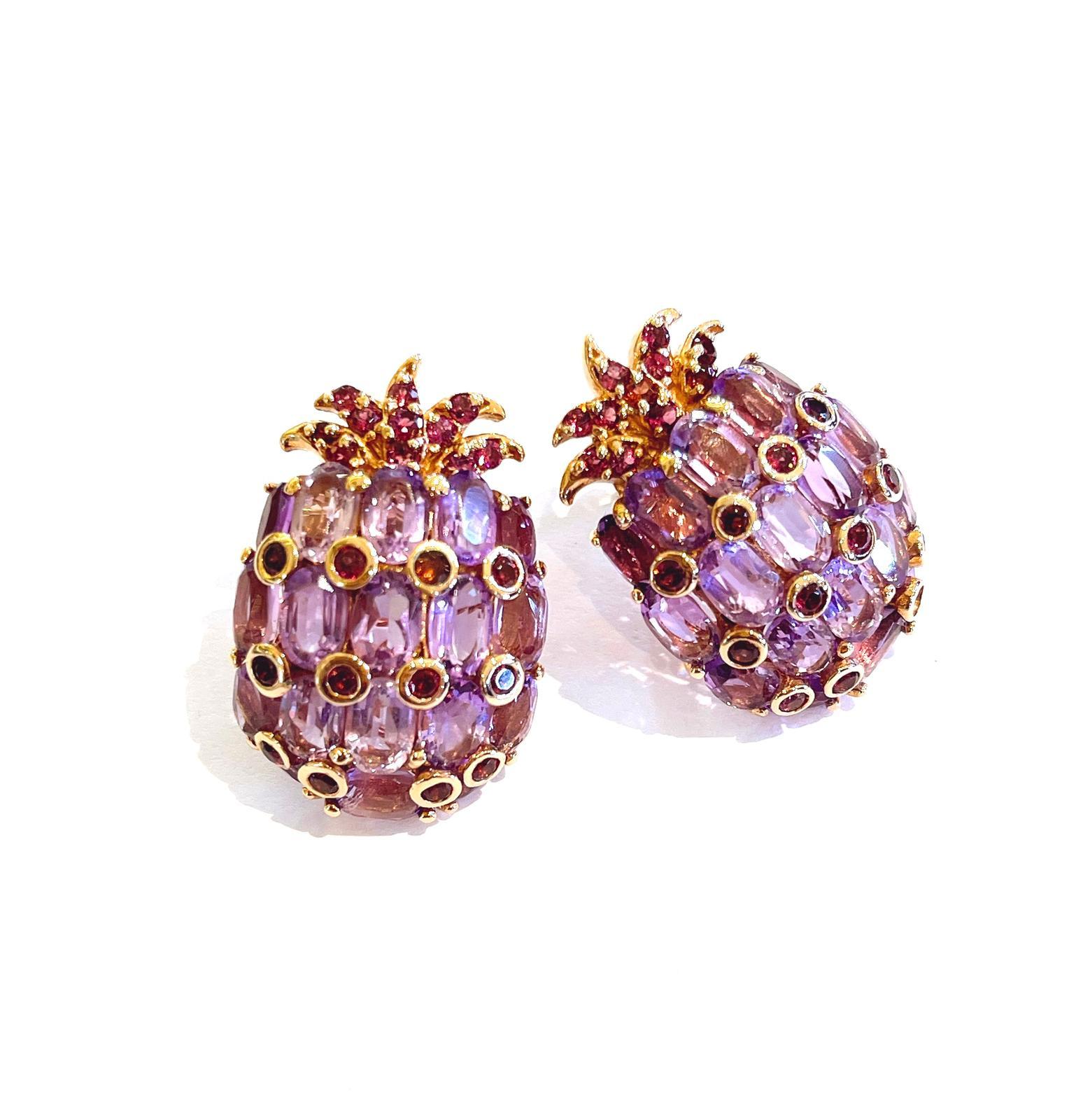 Bochic “Orient” Pineapple Amethyst & Garnet Earrings Set In 18 K Gold & Silver  For Sale 3