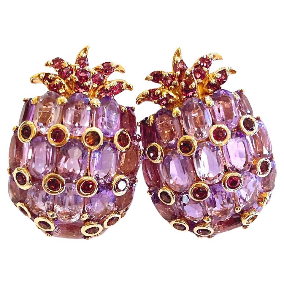 Bochic “Orient” Pineapple Amethyst & Garnet Earrings Set In 18 K Gold & Silver  For Sale