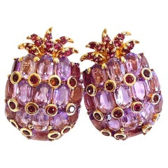 Bochic “Orient” Pineapple Amethyst & Garnet Earrings Set In 18 K Gold & Silver 