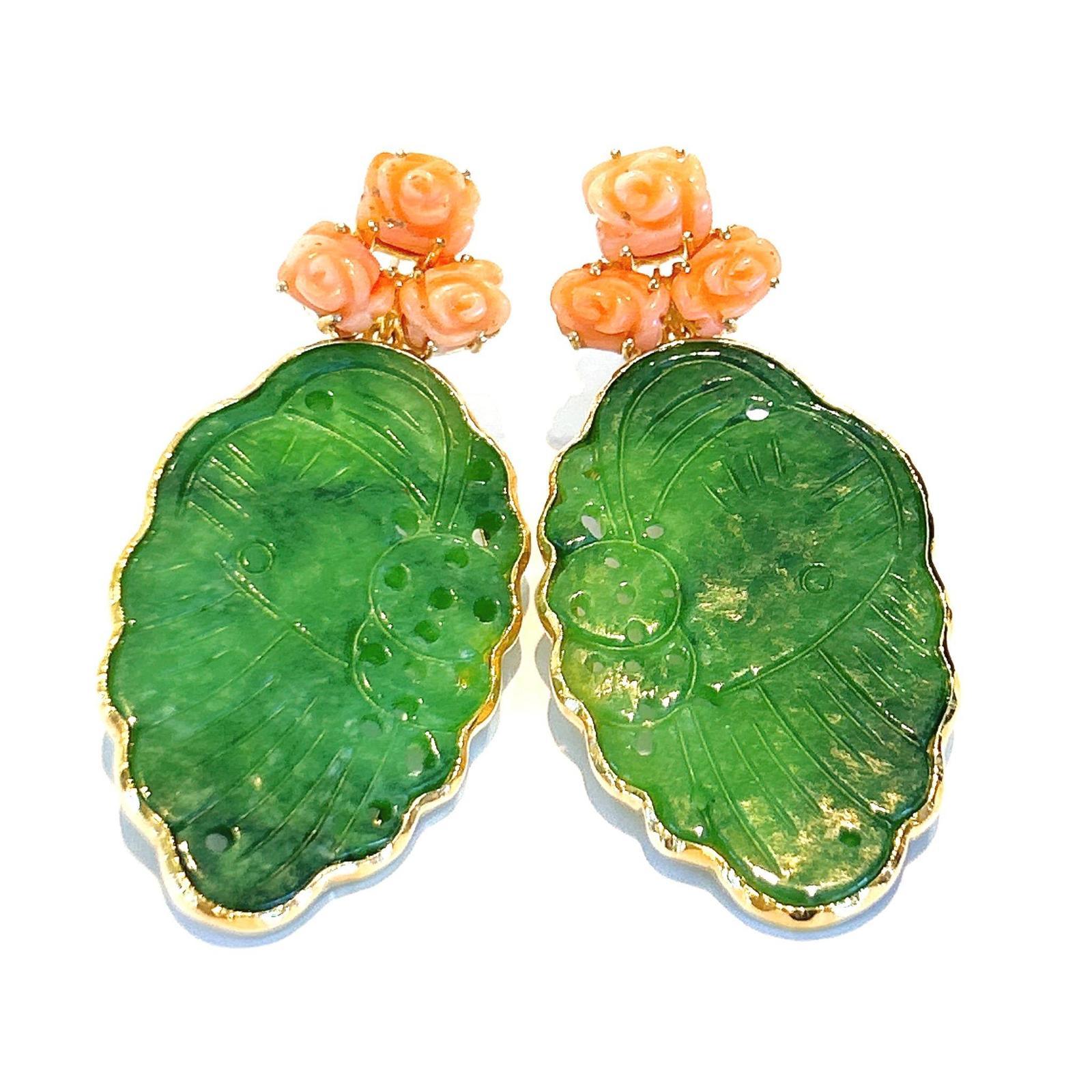 Baroque “Orient” Pink Coral & Green Jade Earrings Set in 18 K Gold & Silver For Sale