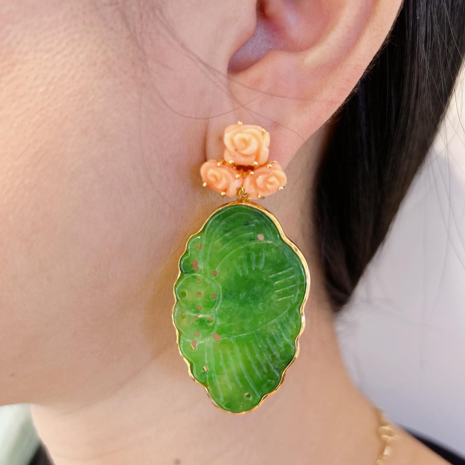 Portrait Cut “Orient” Pink Coral & Green Jade Earrings Set in 18 K Gold & Silver For Sale