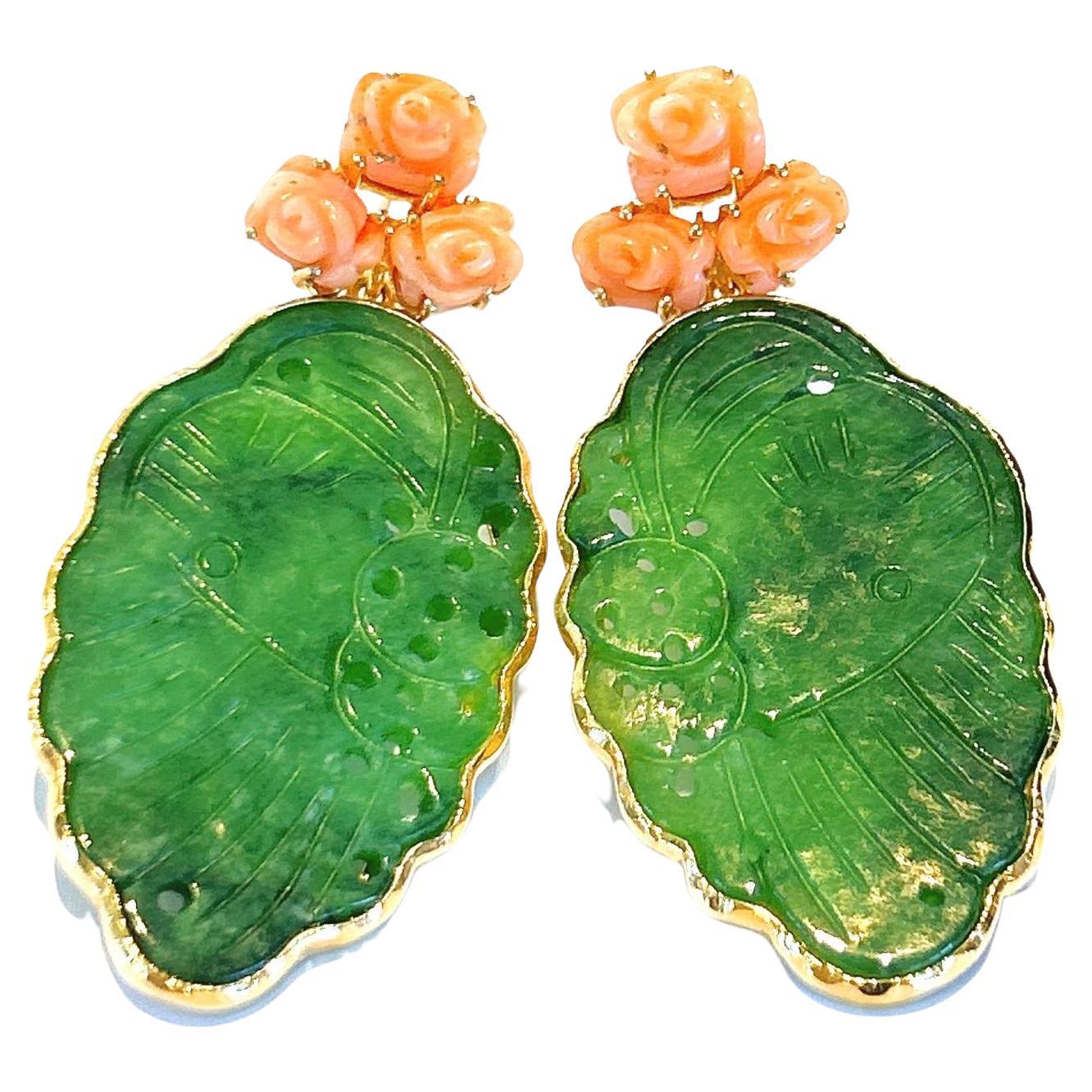 “Orient” Pink Coral & Green Jade Earrings Set in 18 K Gold & Silver For Sale