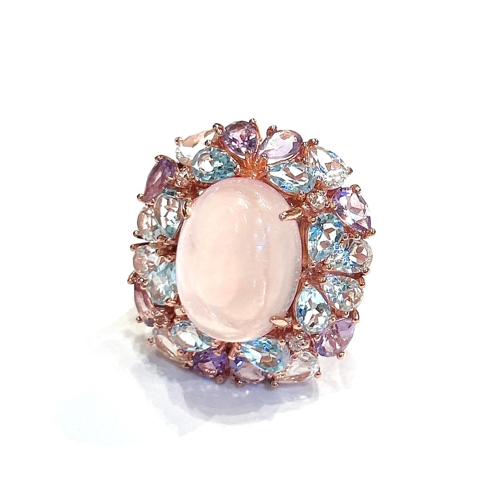 Baroque Bochic “Orient” Pink Opal, Blue Topaz & Amethyst Ring Set In 18K Gold & Silver For Sale