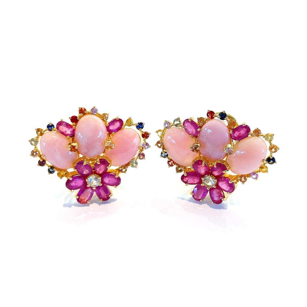 Baroque Bochic “Orient” Pink Opal & Sapphire Earrings Set In 18K Gold & Silver  For Sale