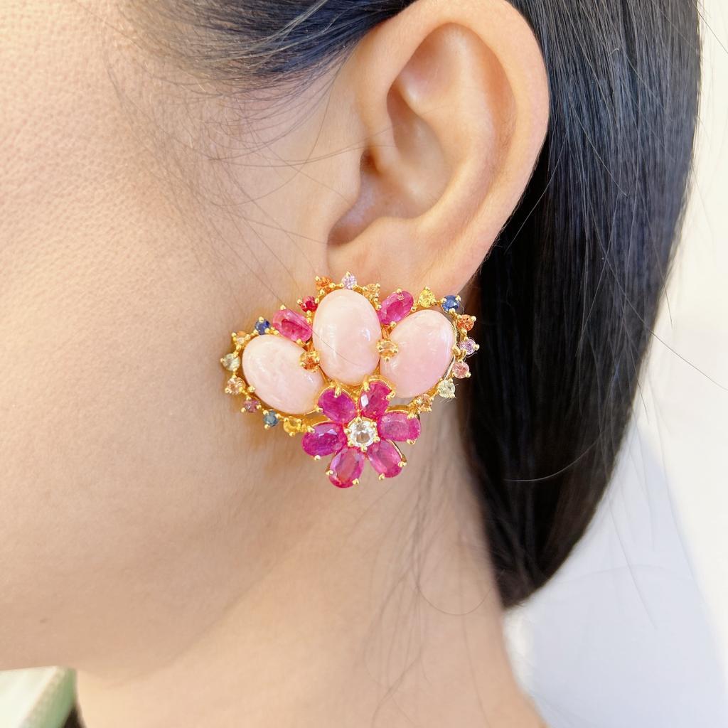 Brilliant Cut Bochic “Orient” Pink Opal & Sapphire Earrings Set In 18K Gold & Silver  For Sale