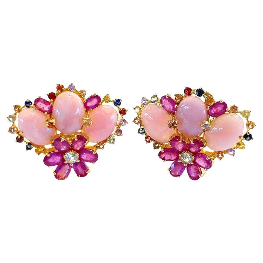 Bochic “Orient” Pink Opal & Sapphire Earrings Set In 18K Gold & Silver  For Sale